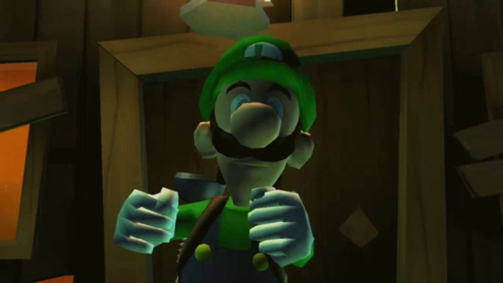 a cartoon character named luigi is standing in front of a wooden building