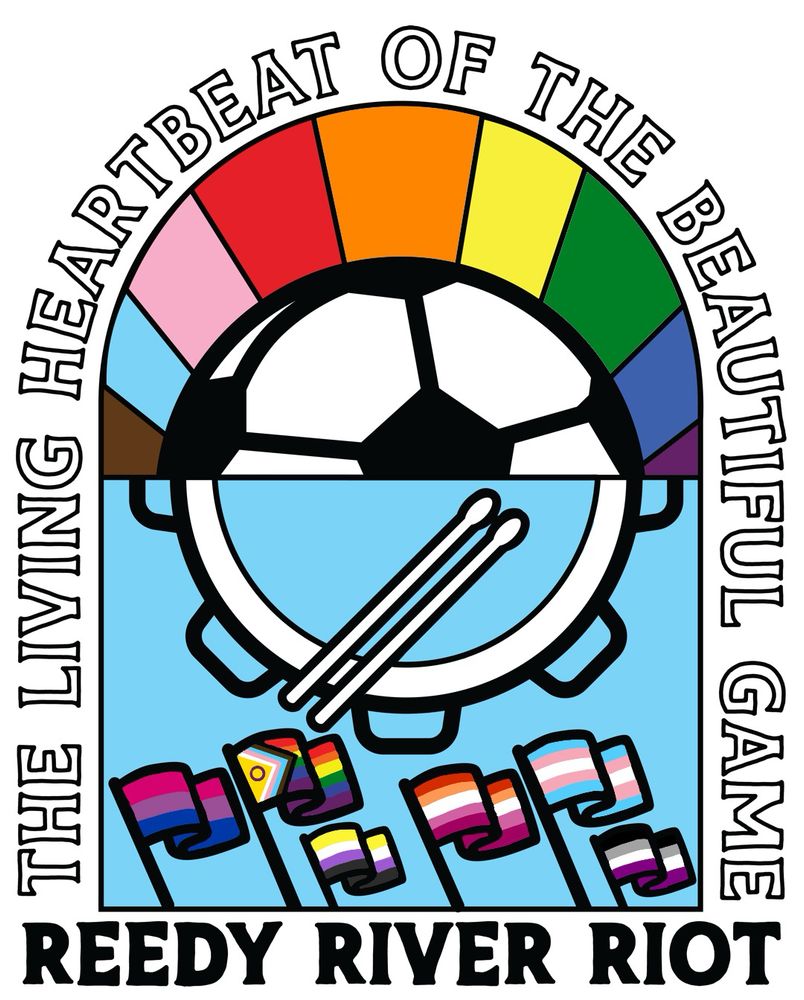 Stained glass arch, with colors from the progress pride flag and a soccer ball up top, and a drum and flags (bisexual, progress, nonbinary, lesbian, trans, asexual) at bottom. Across the arch, text reads “the living heartbeat of the beautiful game” and “Reedy River Riot” on the bottom.