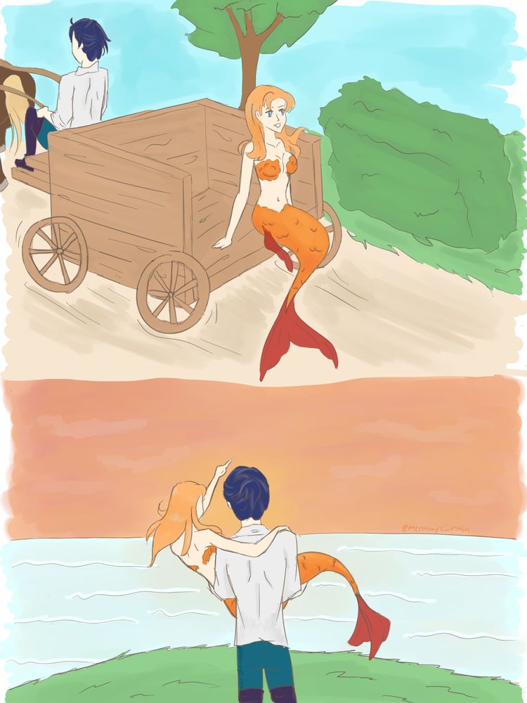Doodle of Felix showing mermaid Annette around, sharing his world with her. He shows her around via wagon and carries her to see the sunset over the ocean from atop a cliff. 