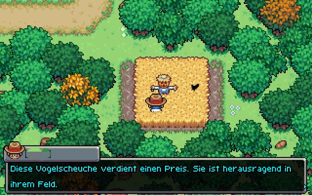 Screenshot vom Spiel Coromon, ein Pokemon-artiges RPG in Pixeloptik. Der Spieler mit blauen Haaren und Hut steht in einem kleinen Weizenfeld vor einer Vogelscheuche und kommentiert diese wie folgt: "Diese Vogelscheuche verdient einen Preis. Sie ist herausragend in ihrem Feld."