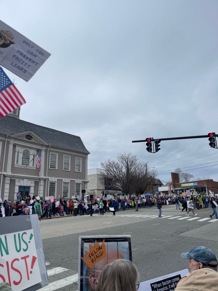 View of road with protestors on sidewalks holding signs protesting the corrupt President 