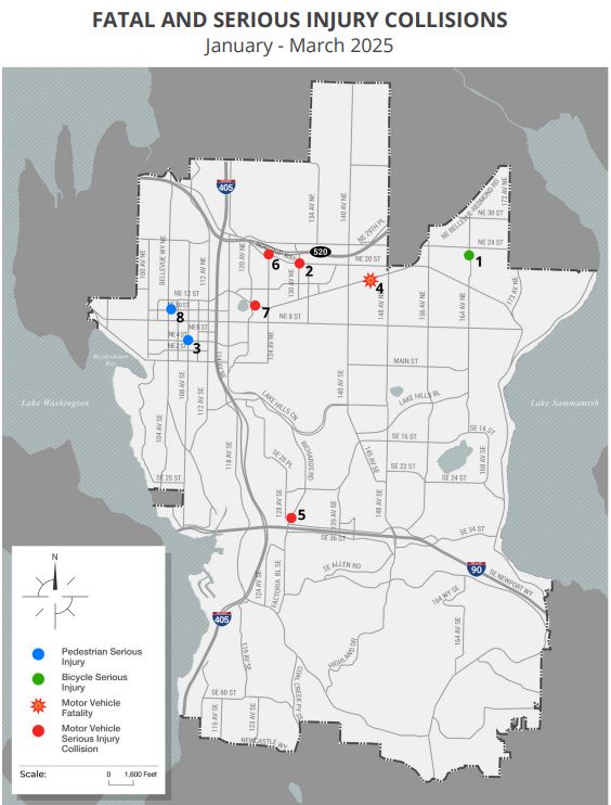 A map titled "Fatal and Serious Injury Collisions, January-March 2025." The map is of Bellevue, and there are one bicycle serious injury, two pedestrian serious injury, four motor vehicle serious injury, and one motor vehicle fatalities noted.