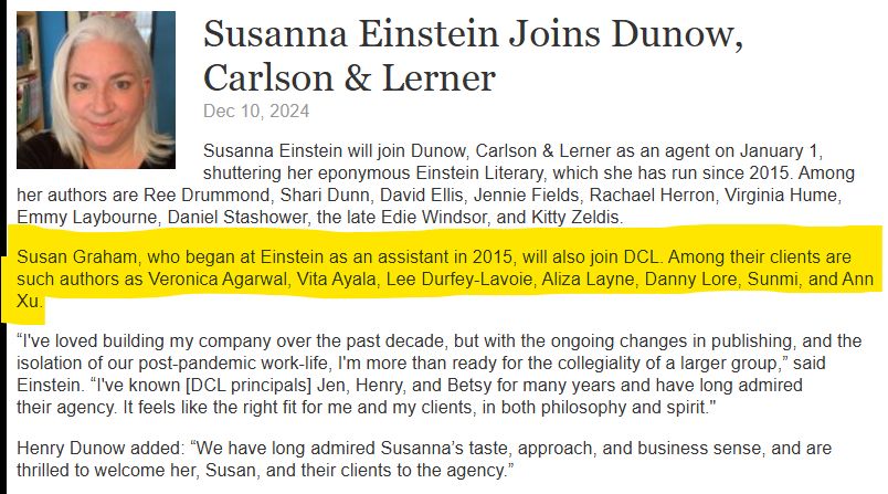 an announcement from Publisher's Weekly saying that Einstein Literary Management is closing and that Susanna Einstein and Susan Graham will be joining Dunow, Carlson, & Lerner Agency in January 2025. 