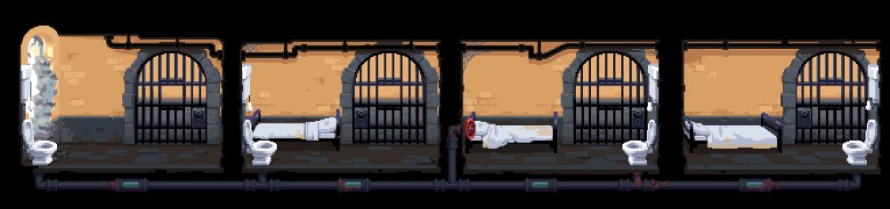 Pixel art of an extra wide cross section of 4 prison cells, the first one having a hole on the wall.