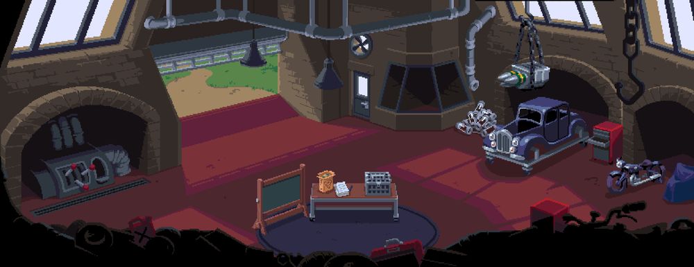 Pixel art of a garage/yard. There's an 1930s car with a powerful engine being lowered to it