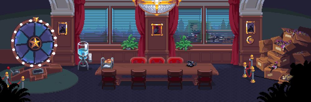 Pixel art of a mid-century publisher's office, to the right there is a wheel-of-fortune and to the left there's a pile of merch boxes. In the center there's a meeting table with 7 chairs.