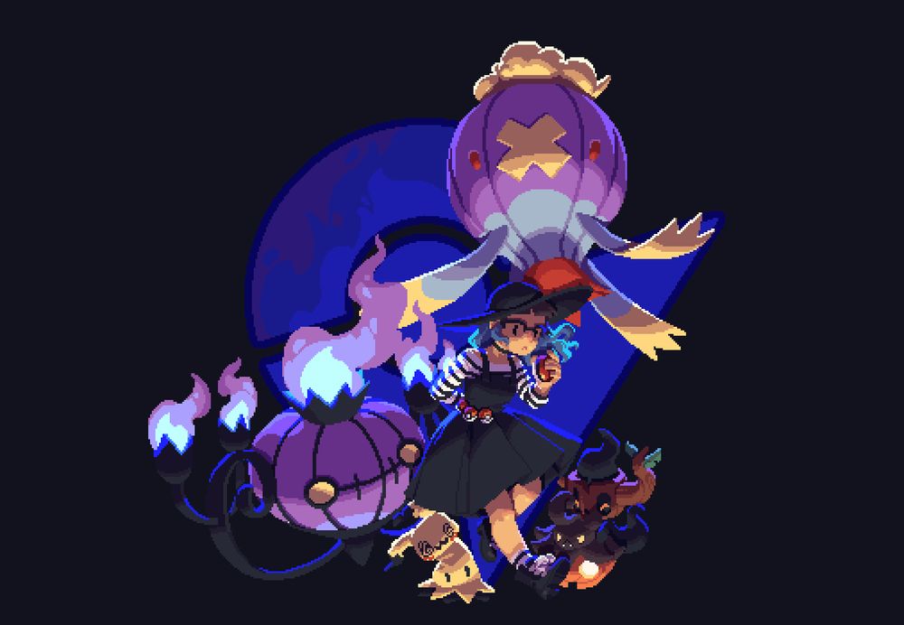 Chandelure, Mimikyu, Drifblim, Phantump, Pumpkaboo and I pose in front of the Pokemon gym symbol in royal blue, against a dark background. We are all lit from the bottom up. Pixel art made back in 2018
