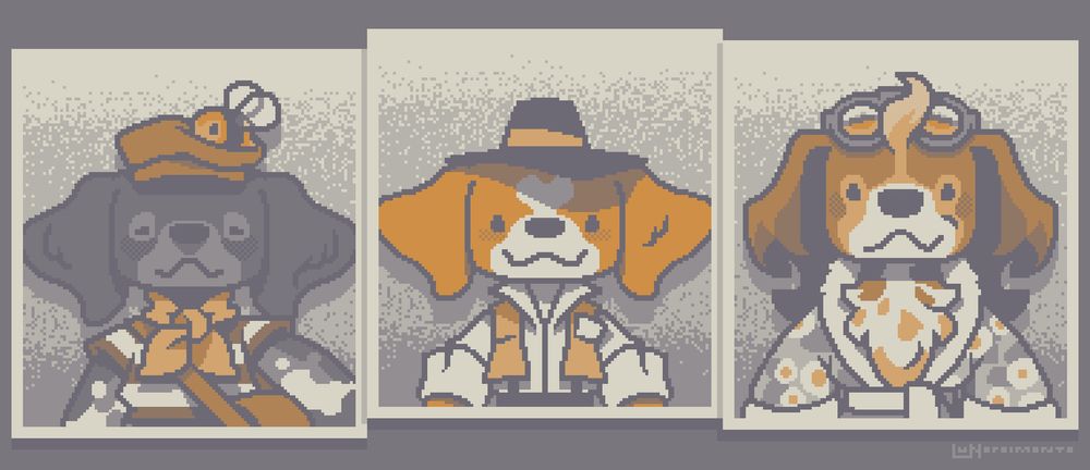 Pixel art in B&W + Orange, inspired by the look of e-ink screens.
Three portraits/document photos of antropomorphic dogs with wide floppy years.
The first dog is black and wears a newsboy cap with a bee sitting on top of it.
The second dog is orange and dressed as a midcentury detective/journalist.
The third dog is darker orange, and you can see they are aging due to the center of their face becoming white. They have glasses and a bathrobe.