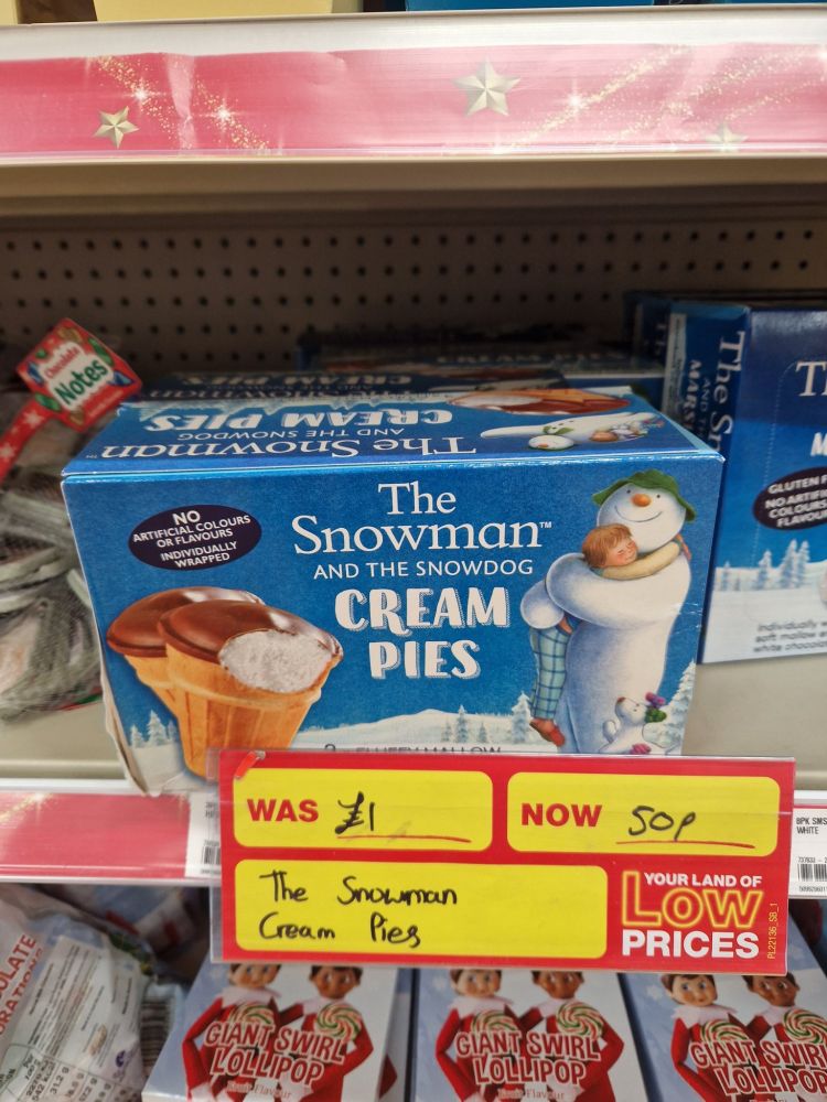 A box of snowman and the snowdog cream pies. 