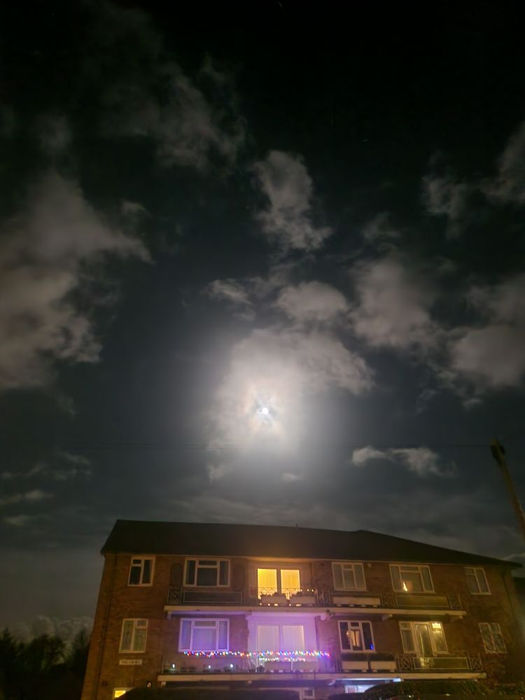 Moon above flats with Christmas lights. 