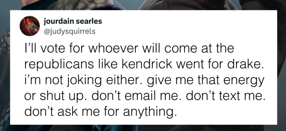 jourdain searles 
@judysquirrels
I'll vote for whoever will come at the republicans like kendrick went for drake. i'm not joking either. give me that energy or shut up. don't email me. don't text me. don't ask me for anything.