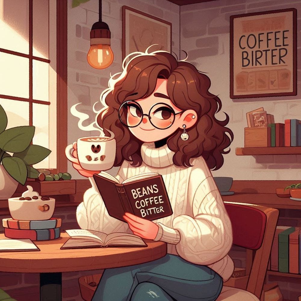 Was die KI aus meinem Namen macht, wenn ich ein paar kleine Zusätze (Vorname, Nachname, weiblich) liefere: eine als Comic gezeichnete Frau mit Buch, auf dem Beans Coffee Bitter steht in einem Kaffee. Sie hat eine Brille, halblange Haare und sieht leger aus. In blond könnte das tatsächlich ich sein.