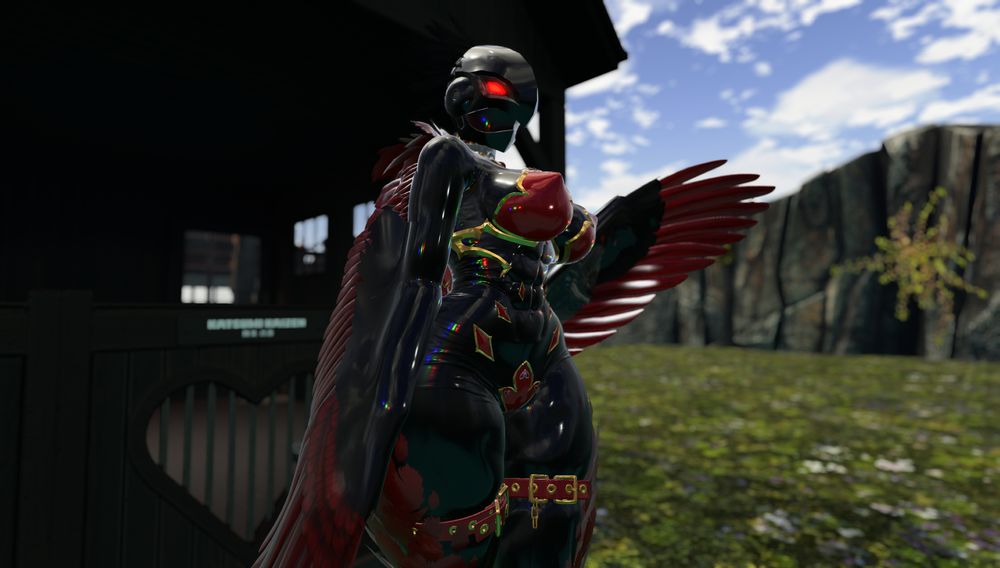 An adventurer wrapped in a full body latex suit. Wings cover her arms and she has a chocobo-like helmet covering her face with red glowing eyes. A few scraps of red rubber cover her modesty, while a thick steel collar is wrapped around her throat and ankles, stopping her from running away.