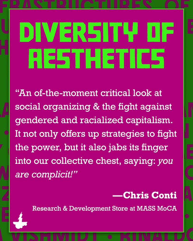 graphic with the text "an of the moment critical look at social organizing and the fight against gendered and racialized capitalism. it not only offers up strategies to fight the power, but it also jabs its finger in our collective chest, saying: you are complicit!