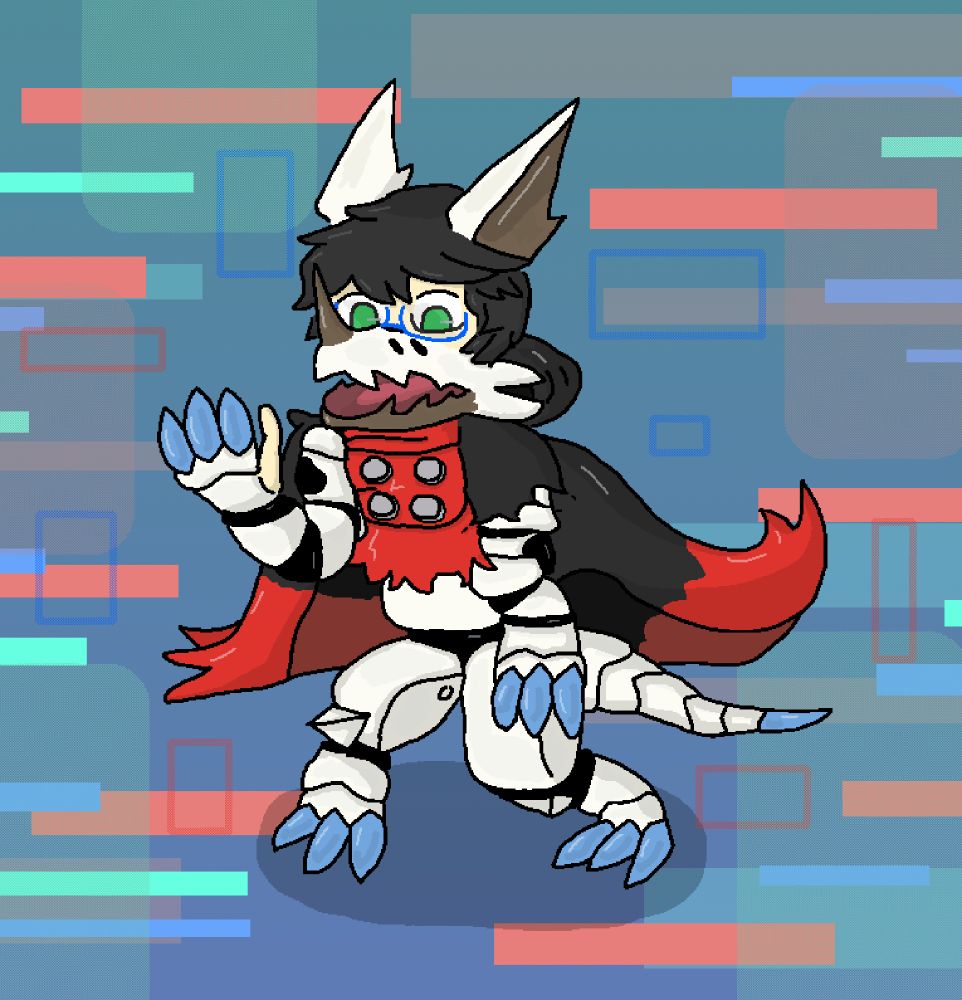 a person getting digitized.... digimontized? Anyway, they're struggling to stay on 2 legs