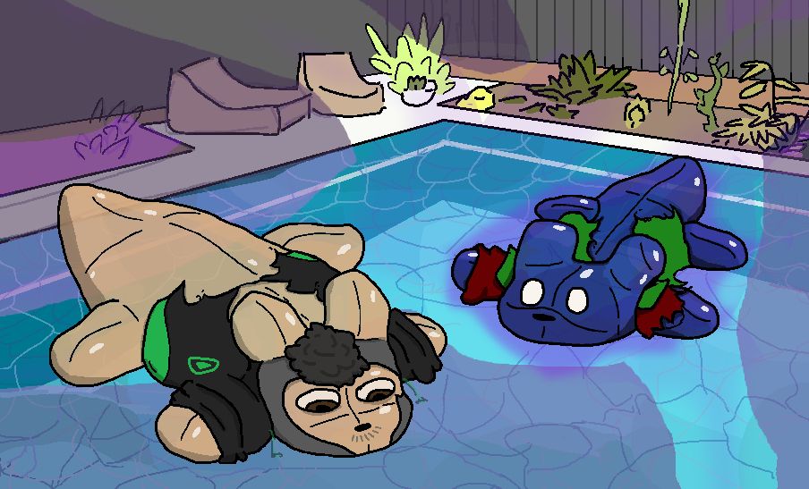 Two slugcats pool toys in a pool, implied to have been people. Around them, reality bending ripples coming from the Watcher pool toy.