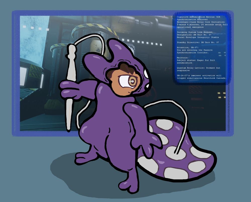 A man getting assimilated into a rubber Spearmaster slugcat.
The text without cuts:

Cognitive Assimilation Matrix: 92% Synchronization Achieved
Messenger-Class Relay Core Initiation:
T-minus 4 minutes, 24 seconds until full operational emergence

Incoming System Link Request
Designation: SM Unit No. 37
Neural Envelope Integrity: Stable

Standby Directive: SM Unit No. 37

Attention, SM-37:
You are entering the Passive Synchronization Corridor.

Maintain:
Subject status: Eager for full assimilation

Quantum Relay Lattice: Dormant but responsive

System Advisory:
SM-24-07’s imminent activation will trigger simultaneous NeuroLink Cascade.