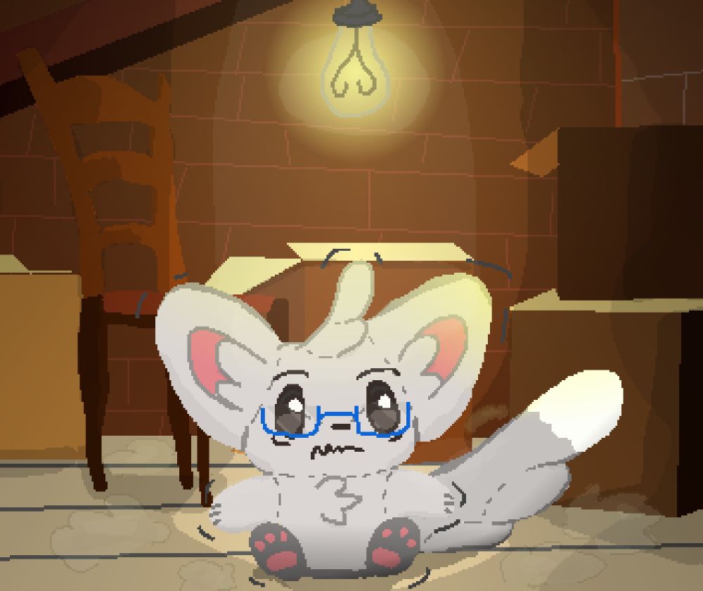 A person turned into a Minccino plushie, trying to move in the dusty attic