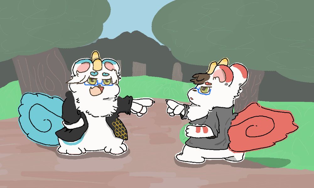 Two characters, implied to have been transformed into Tianlu and Bixie form Fabulous Beasts. They are confused and pointing at each other, doing the Spiderman thing