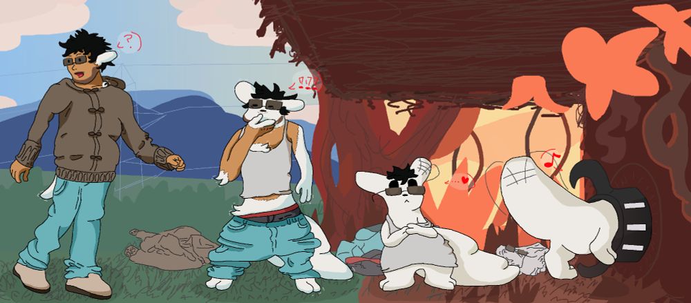 A sequence where a man turns into a slugcat, first part the man is walking and notices something is off and a tail and his ears are changing, second part the man notices the quick changes and his legs change quickly, tail already fully out and face turned into a slugcat.
Third part the man is fully turned, only his shirt remaining on his body, and his hair and glasses are still normal
Final part the now full slugcat crawls into a pipe, now without clothes