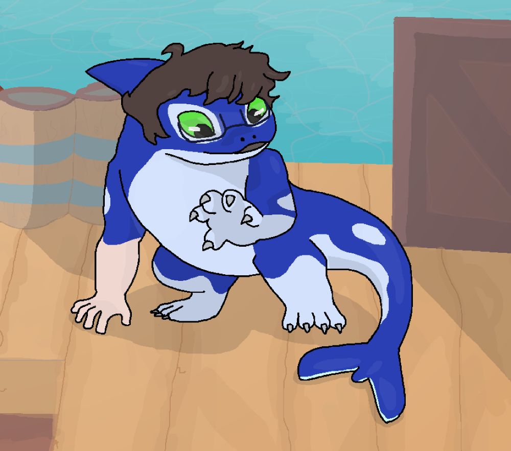 A person turning into Orcane from Rivals of Aether. He looks at his paw as he's almost done changing