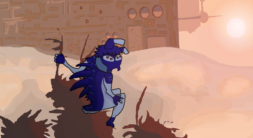 A character getting turned into a scavenger from Rain World standing on the top of a tree in the shadow of an iterator, the sunset spotted on the side