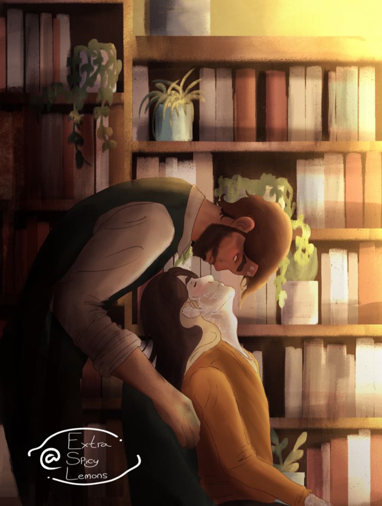 Jayce leans over Viktor from behind, while Viktor looks up from his seat in a green armchair, a bookcase with plants sits in the background 