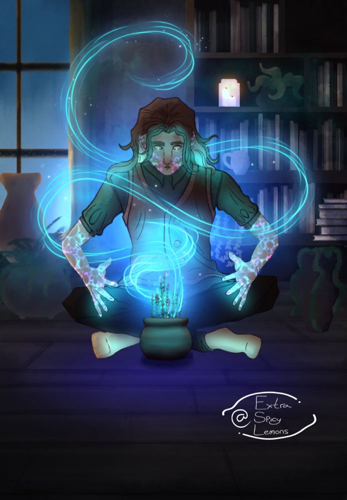 Viktor from arcane sits on the floor with a potted plant in front of him, encouraged to grow by magic 