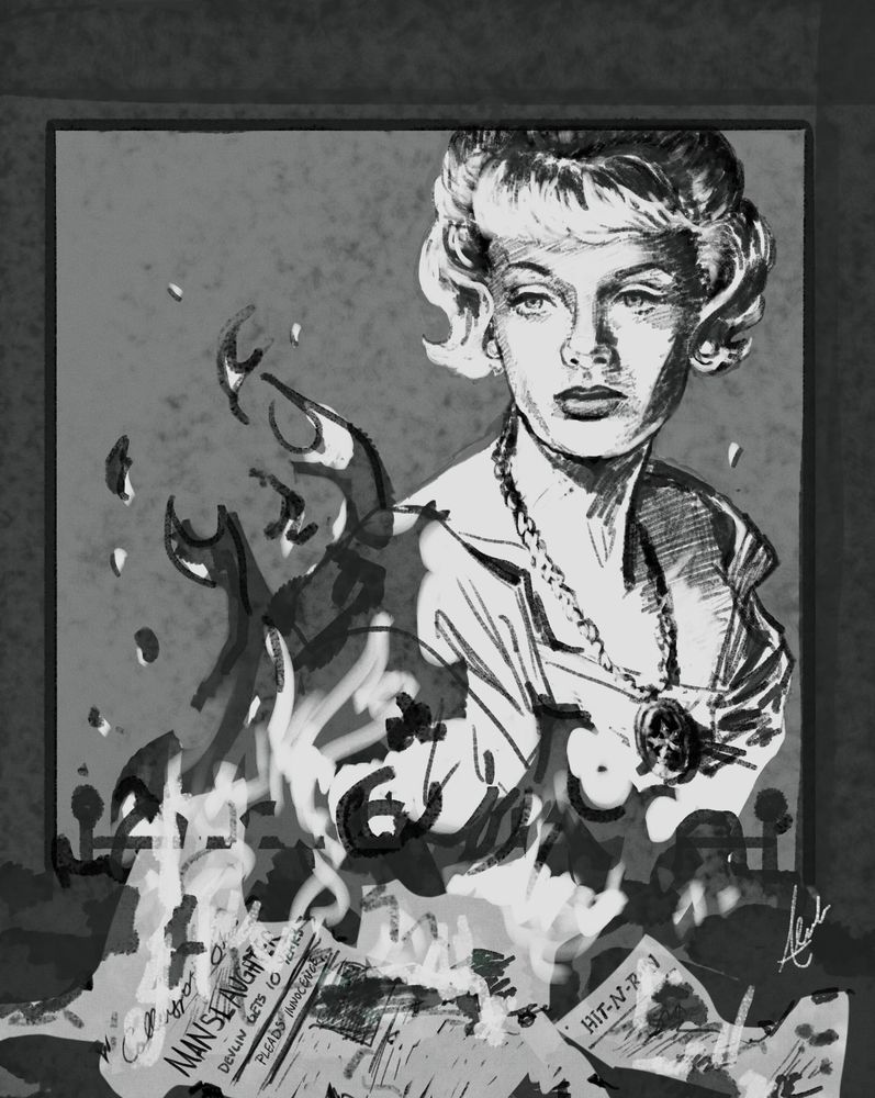 A black and white drawing of Laura Collins staring into the fireplace in the 50's. Newspapers about the manslaughter trial provide fuel for the fire, and she is framed by the outline of the hearth. 
