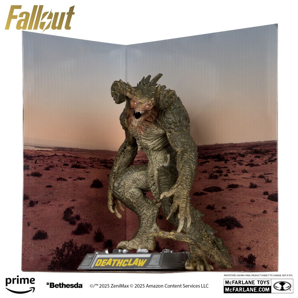 A front view picture of the Fallout TV Show Mojave Deathclaw figure from McFarlane Toys against a fake desert background.