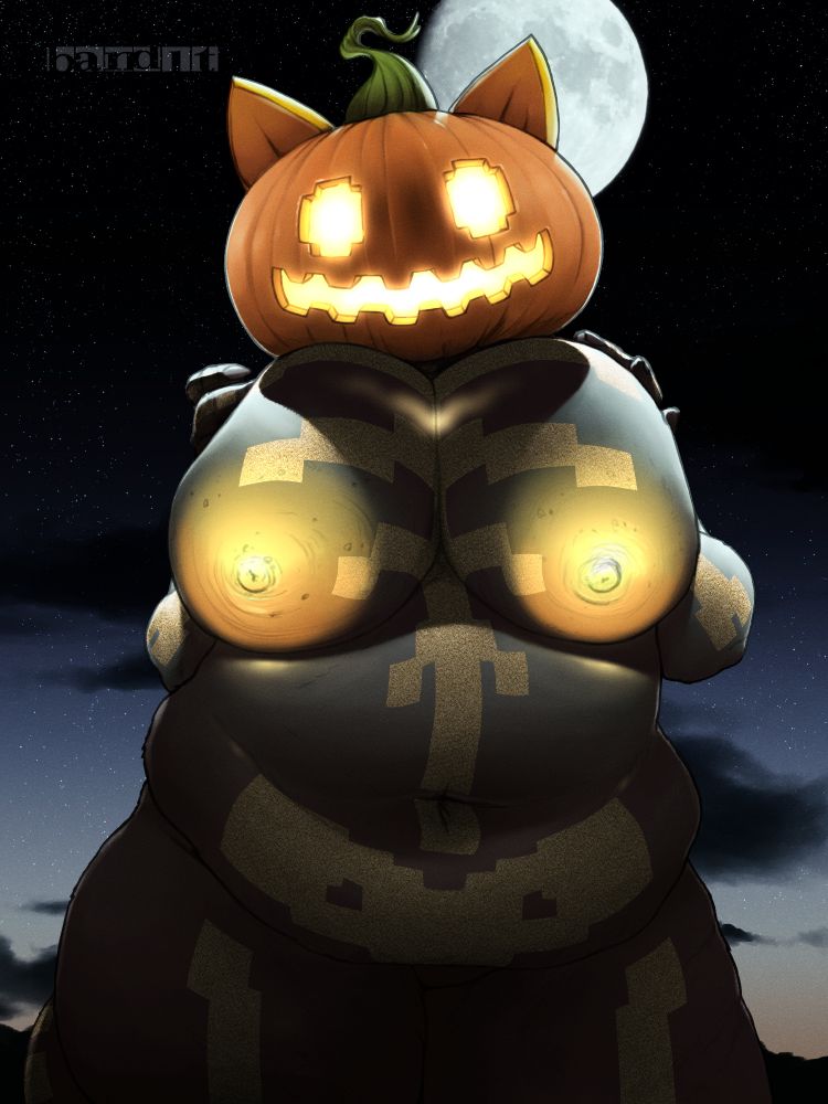 A large, imposing woman fills the entire frame of the image. She has a pumpkin for a head, with a squared jack-o-lantern face and cat ears made of pumpkin slices. She is squishing her large breasts up towards her face, them drooping downward in response.

The glow of her face and her massive areolas light up the darkness of the night sky, with the moon lighting her harshly from behind.