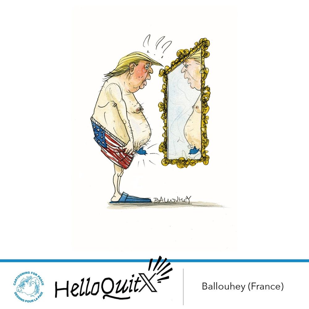 Trump regardant dans la glace ce qui lui a permis de remporter la présidentielle 2024. Via Cartooning for Peace. Dessin de Ballouhey.