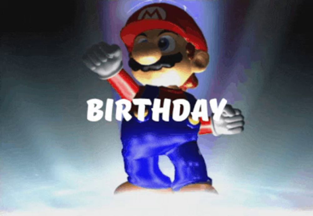 a cartoon of mario with the words birthday written above him