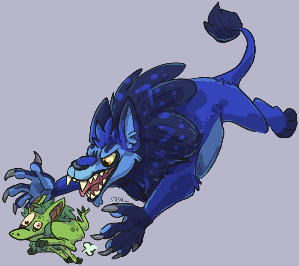 a hungry blue Varwolf (Neopet) chases down a Scorf