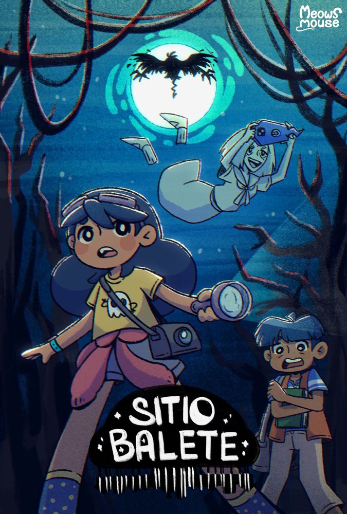 Poster for Sitio Balete.

The main character holds a flashlight in a dark forest. Her cousin cowers behind her. Their ghost companion floats above them excitedly taking photos. Behind all of them, a manananggal looms silhouetted by the full moon.