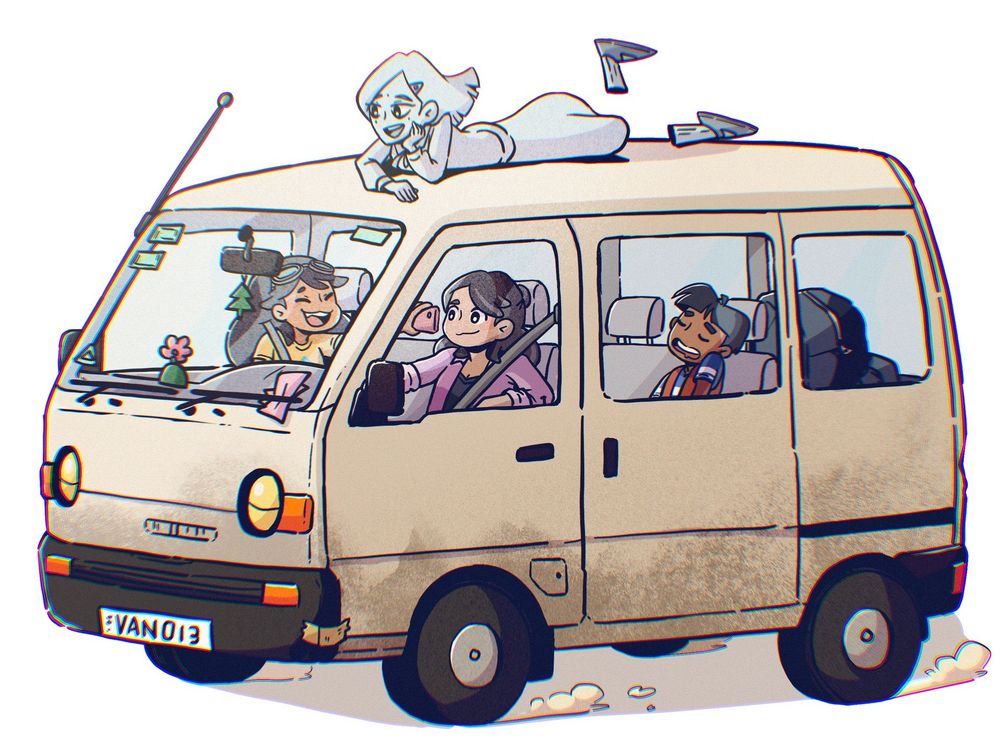 The cast of Sitio Balete riding in an okd family van. The aunt driving, main character recording her cousin who fell asleep in the back, and their ghost companion taking in the breeze on the roof.