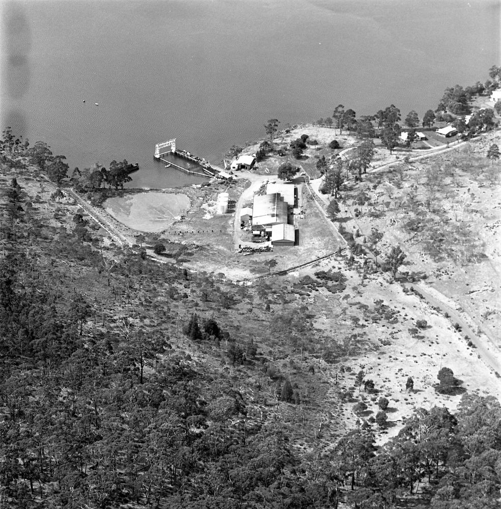 Aerial view of the Alginates Australia kelp processing factory near Orford, Tasmania (Tasmanian Archives: AB713/1/12112).