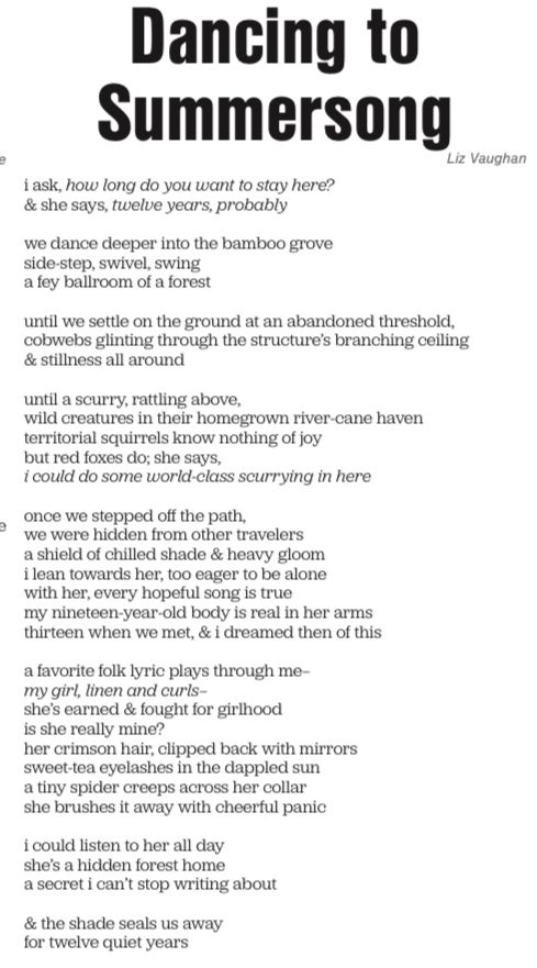 A long poem, typed and formatted, entitled “Dancing to Summersong” by Liz Vaughan.