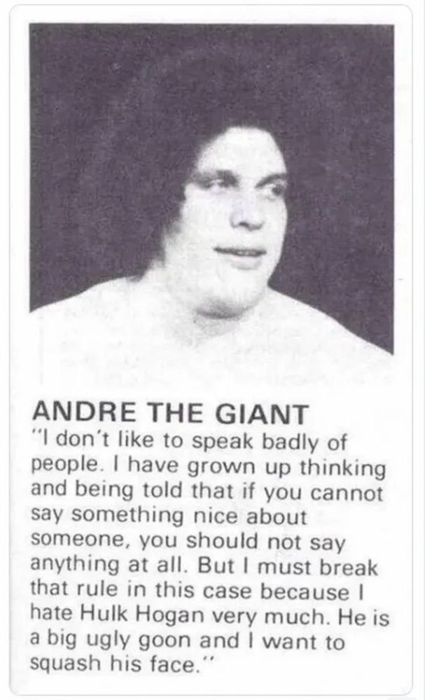 ANDRE THE GIANT
"I don't like to speak badly of people. I have grown up thinking and being told that if you cannot say something nice about someone, you should not say anything at all. But I must break that rule in this case because I hate Hulk Hogan very much. He is a big ugly goon and I want to squash his face."