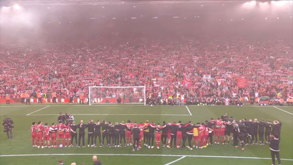 Liverpool FC squad in front of The Kop after becoming England's champions for the 20th time.