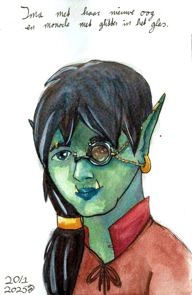A painted half orc with a monocle. One eye is blue and the other is red. The half orc is female with a low ponytail held together by a yellow band. She has an earing and a helix piercing in her ear. She has an eyebrow and bridge piercings. By her neck is just the tip of a scar visible.