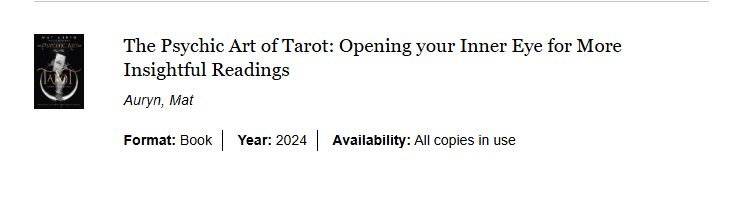 A screen shot from Seattle Public Library for the book The Psychic Art of Tarot by Mat Auryn. 