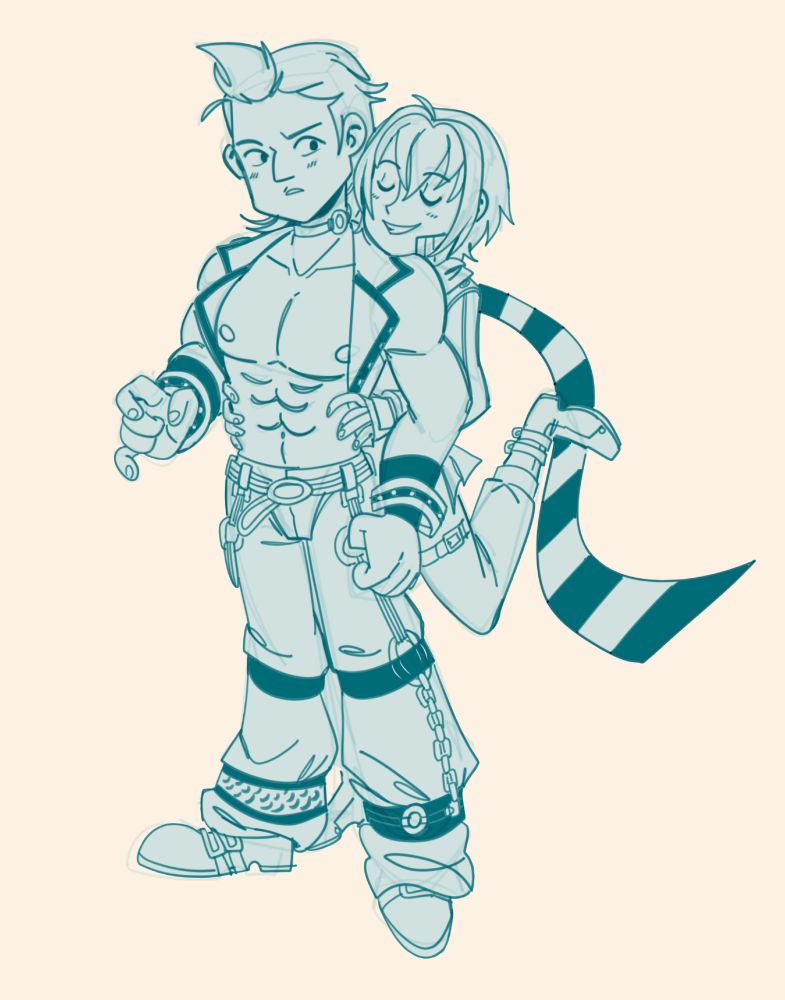 sketchy cartoon style art. a man with an open vest is being held from behind by a man wearing a long scarf. characters are wald wales and wazy hemisphere from the legend of heroes series. 