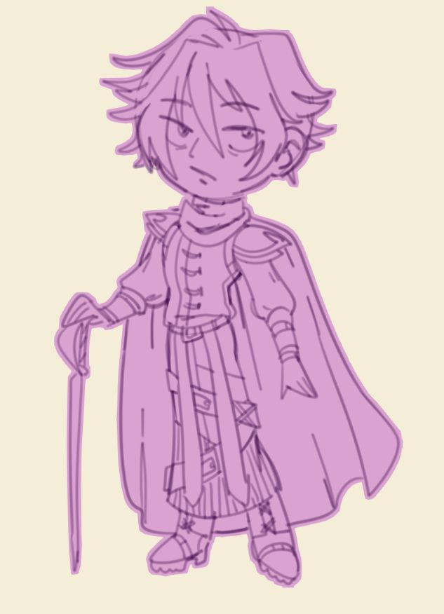 chibi sketch of a man in fantasy armor with a cloak and sword.