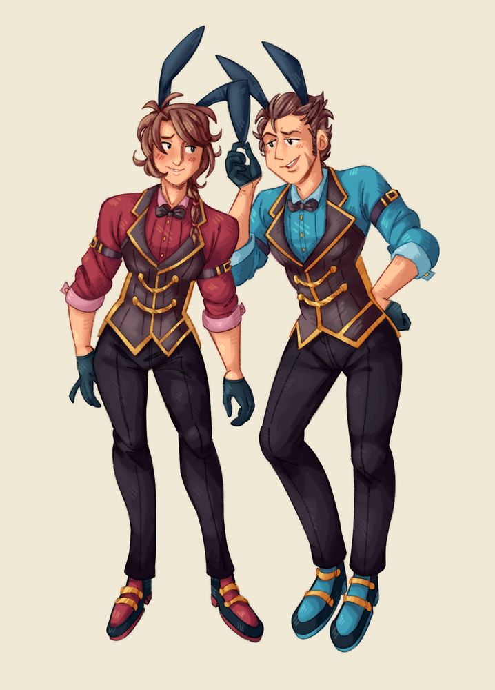 drawing of gaius and wallace from trails of cold steel. they are wearing bunny waiter outfits. wallace is tugging on one of gaius's ears.