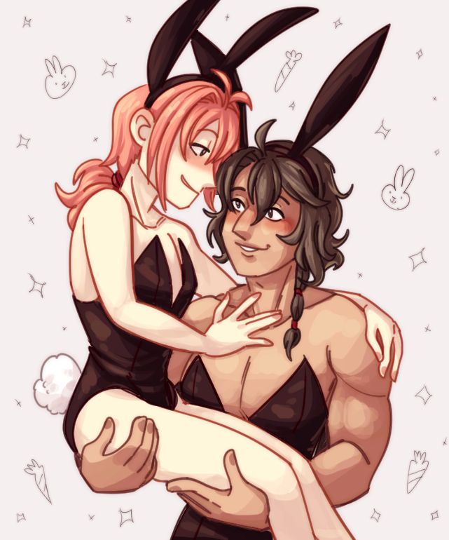 drawing of gaius and elliot from trails of cold steel. they are dressed in bunny girl outfits. gaius holds elliot up in his arms.