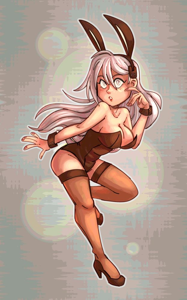 cartoon drawing of a silver haired woman in a brown bunny girl outfit. she looks shy/surprised. the background mimics spotlight/streetlights