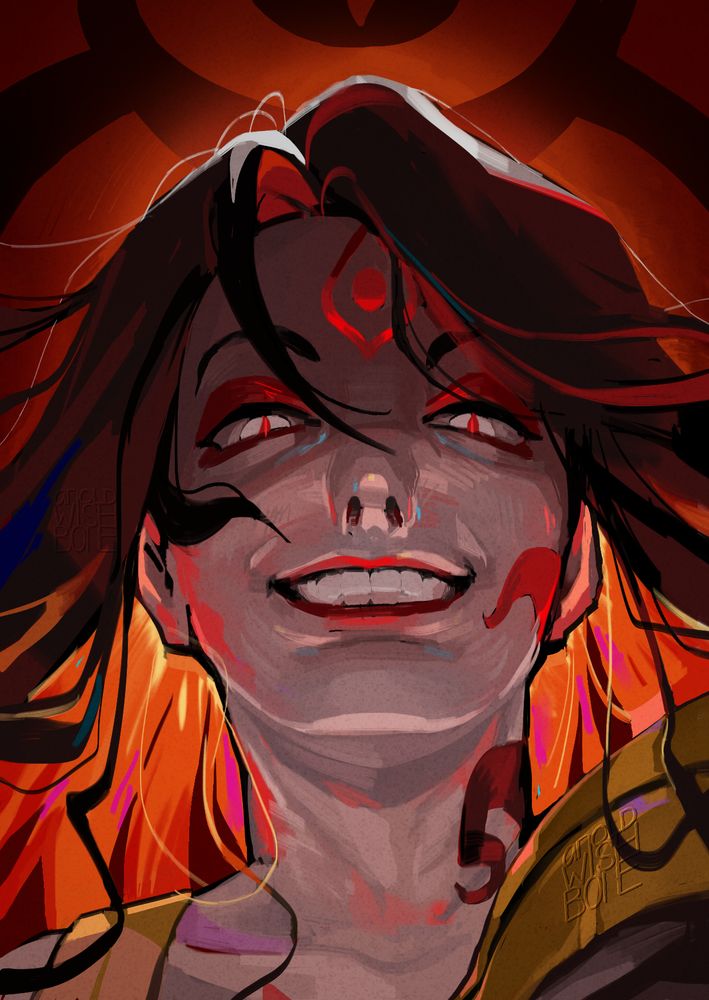 A rough stylized portrait of Obscure Umbra Cookie from Cookie Run: Ovenbreak. They wear an arrogant grin that belittles the recipient of their gaze, which, in turn, is positioned below their eye level. Their black, flowing hair glows a fiery orange underneath the outer layers.