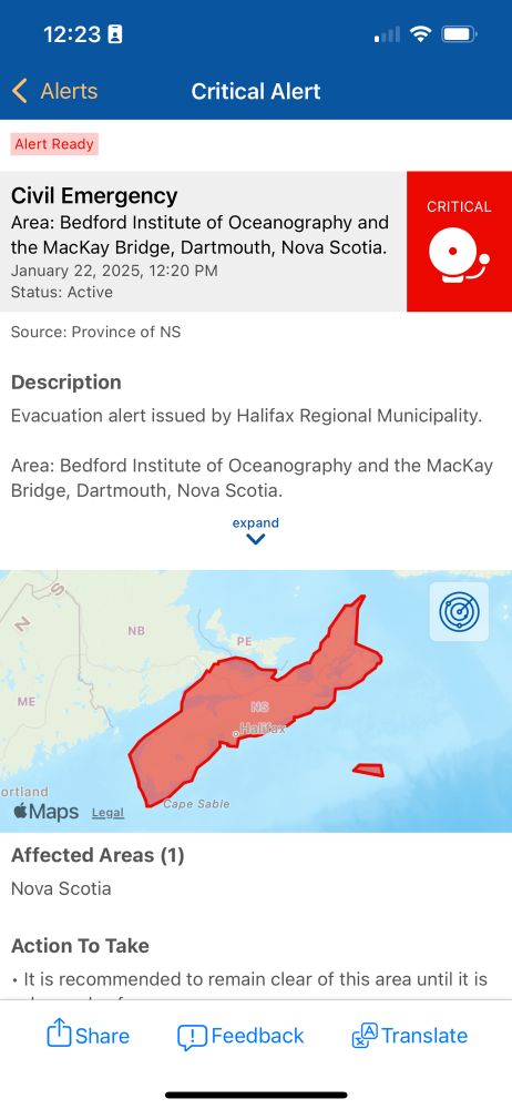 Alertable app: Alert Ready critical alert: Civil Emergency for the Bedford Institute of Oceanography and the MacKay Bridge, Dartmouth, Nova Scotia.


“Evacuation alert issued by Halifax Regional Municipality.

Area: Bedford Institute of Oceanography and the MacKay Bridge, Dartmouth, Nova Scotia.

Due to a chemical spill at the Bedford Institute of Oceanography in Dartmouth, Nova Scotia, a 250 metre mandatory evacuation is in place and will remain in place until the scene is secure. This includes the MacKay Bridge.”
The alert is set for all of Nova Scotia.

Action to take: 

It is recommended to remain clear of this area until it is deemed safe.