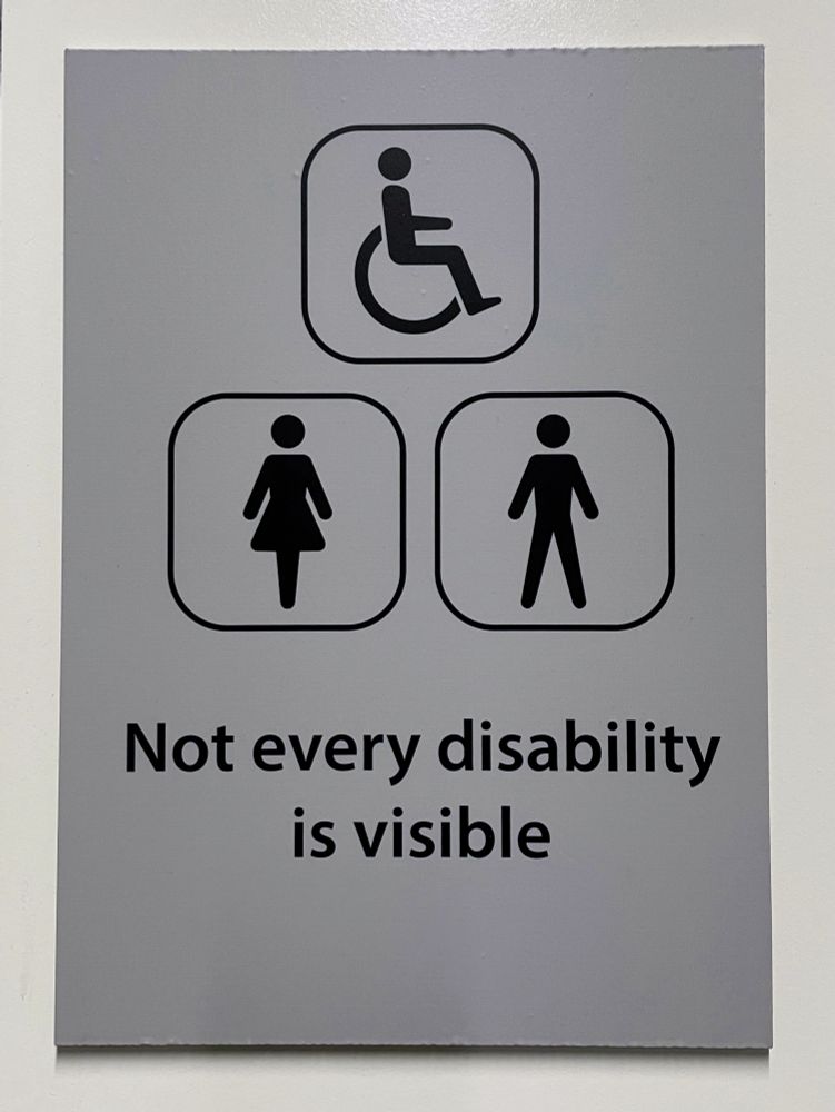 A toilet door sign with the words "Not every disability is visible".

Above it are three common silhouette symbols - a person using a wheelchair, a person wearing a dress, and a person wearing trousers.